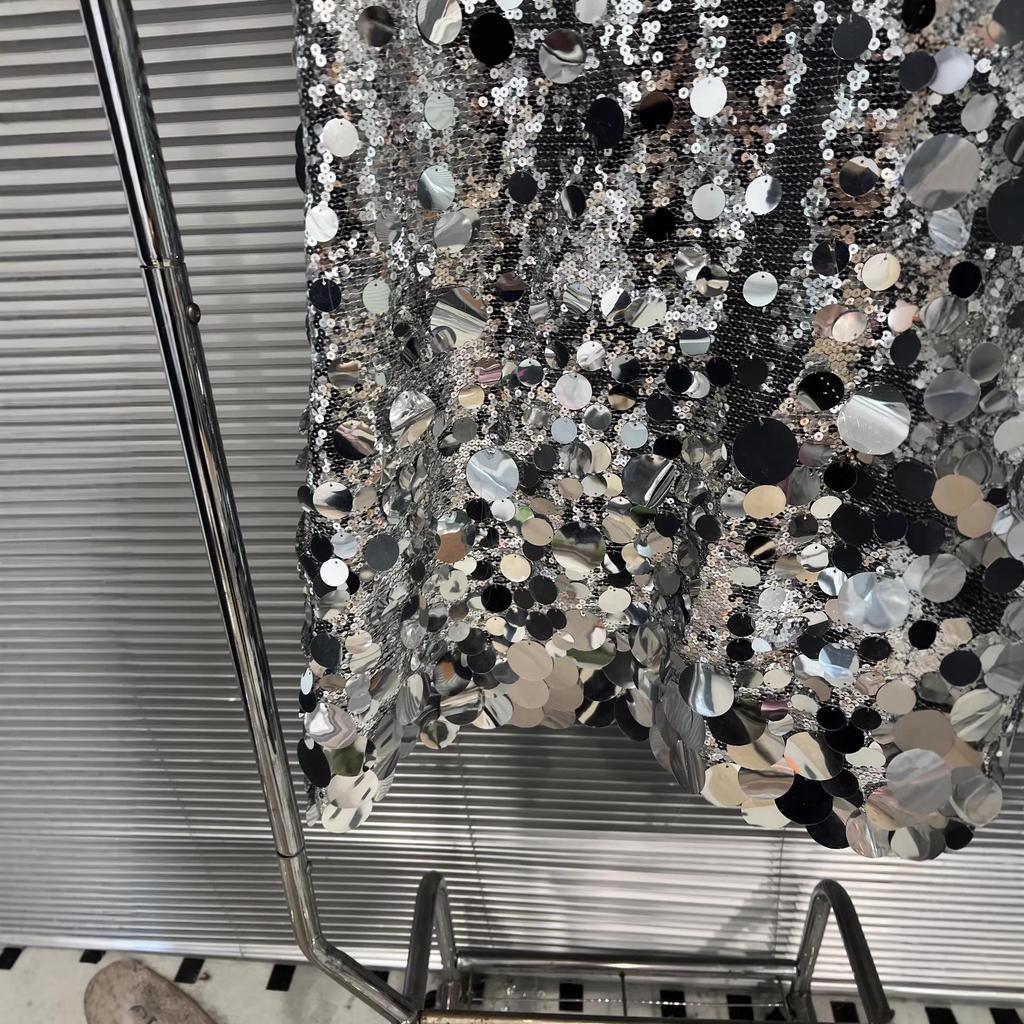 Spring 2026 Silver Sequin High-Waisted A-Line Long Skirt