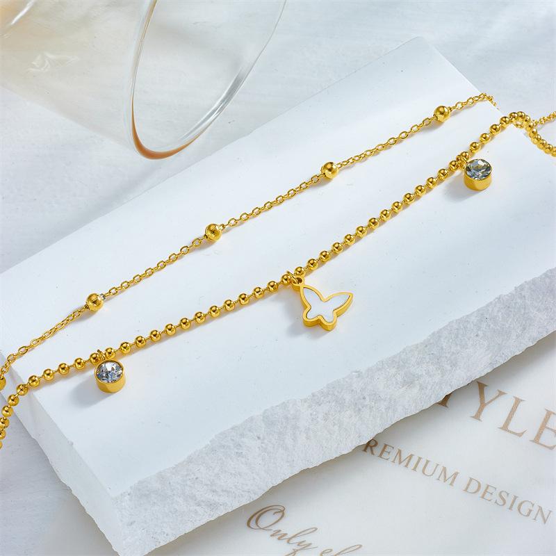 Gold Plated Layered Butterfly Anklet with CZ, Dainty Double Chain Beaded Foot Jewelry with White Enamel Butterfly, Cute Summer Jewelry for Women Gift
