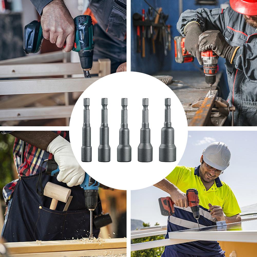 5Pcs Hex Socket Sleeve Nozzles 1/4 5/16 3/8 7/16 1/2 Inch Magnetic Nut Driver Set Length 65mm Drill Bit Adapter for Power Drills