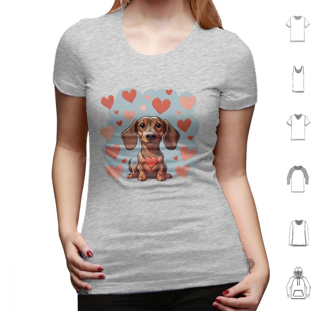 Cute Valentine Daschound Dog T Shirt Cotton Men Women DIY Print Dog Breeds Cute Dog Dog With Hearts Valentine Dog Animals