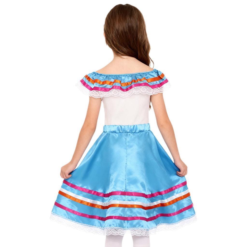 Girls Mexican Dress Set Off Shoulder Ruffled Top Elastic Waistband Lace Ribbon Trim Skirt