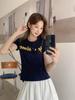 Korean Letter Print Wear with Shoulder Short-sleeved Cotton T-shirt Women's Summer New Versatile Crew Neck Slim-fit Top