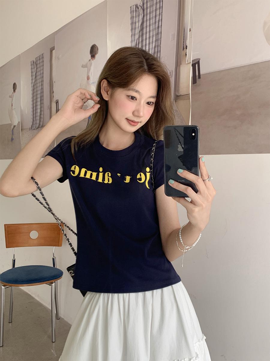 

Korean letter print wear with shoulder short-sleeved cotton T-shirt women s summer new versatile crew neck slim-fit top S темно-синий