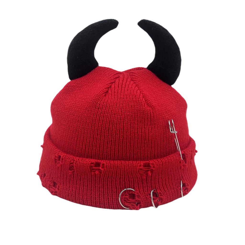 Little Devil Ears Autumn/Winter Knitted Hat Woolen Hat Men and Women Landlord Hat Broken Hole Decorative Guapi Hat