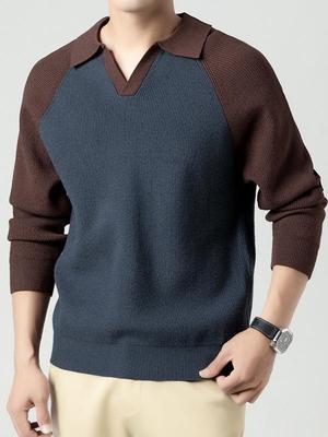 Men's Fashionable Turn-Down Collar Knit Sweater - Casual, Versatile Long-Sleeve Top
