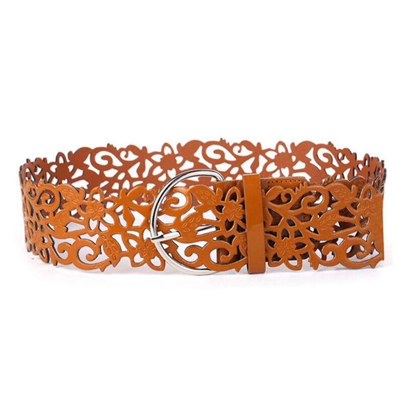 Women Hollow Out Belts Wide Buckle Cinch Waist Belt Dress Faux Leather Waistband