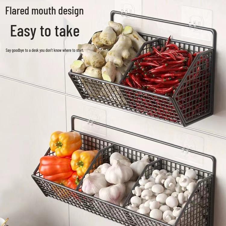 Wall-Mounted Scallion Ginger Garlic Storage Basket - No-Punch Kitchen Shelf Essential