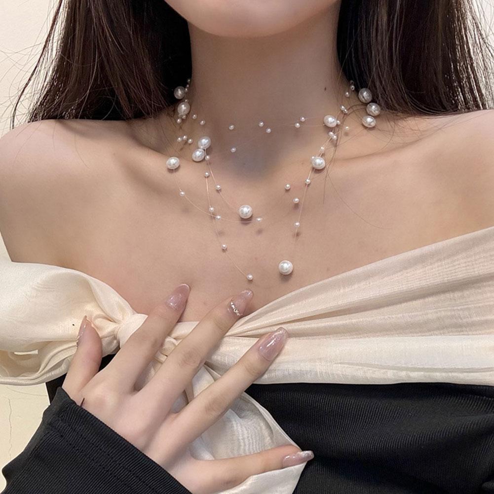 Elegant White Pearl Necklace Women's Clavicle Chain 2025 Chain High-End Sweater Multi-Layer New Q1R0