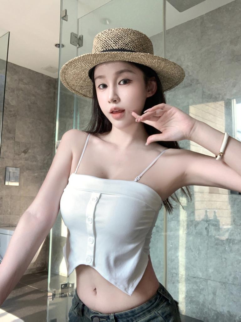 #Summer new sweet wind button splicing sling vest slim and thin women's one-piece top with chest pad