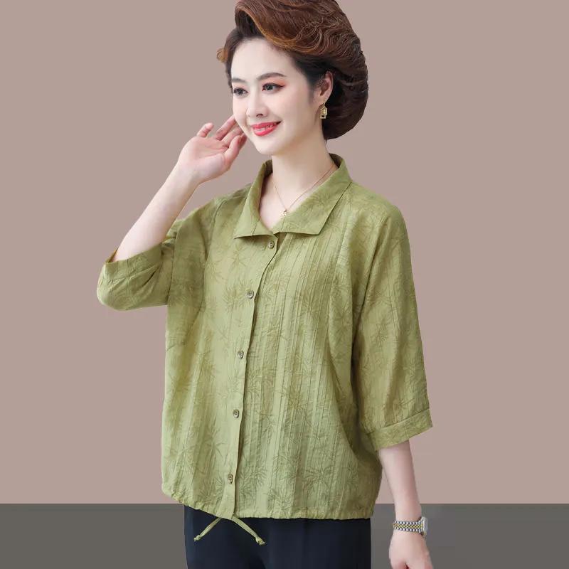 Women's Red Textured Half Sleeve Blouse Mature Casual Button-Down Shirt with Drawstring Hem