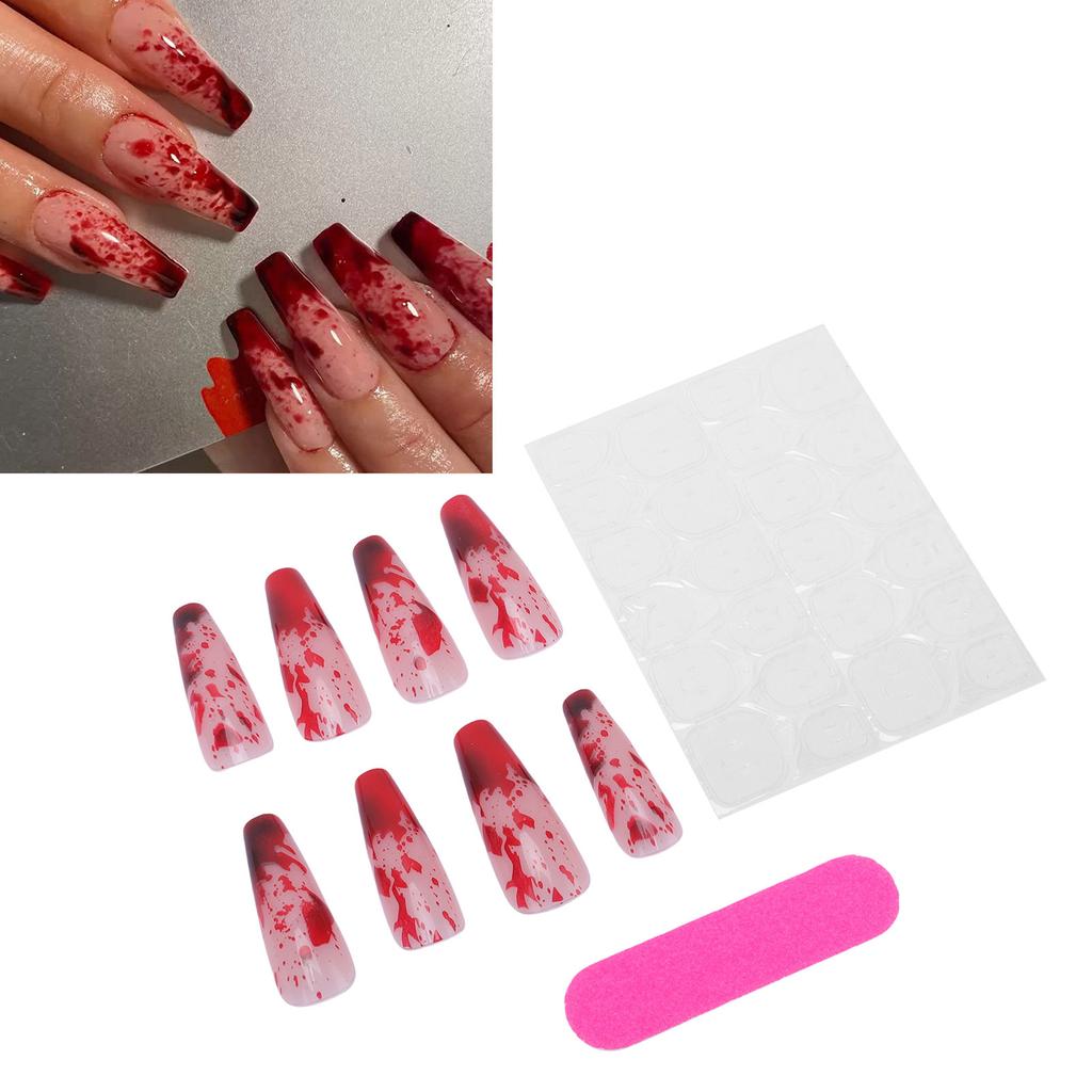 24Pcs False Nails Red Black Smudging Reusable Artificial Nail Extension Tips for Holiday Dance Party    