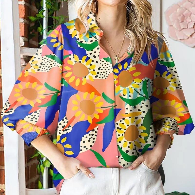 Summer New Lantern Sleeve Printed Women's Shirts Tops Turn Down Collar Elegant Casual Loose Blouse for Women Fashion Slim Button Up Female Shirt 26382