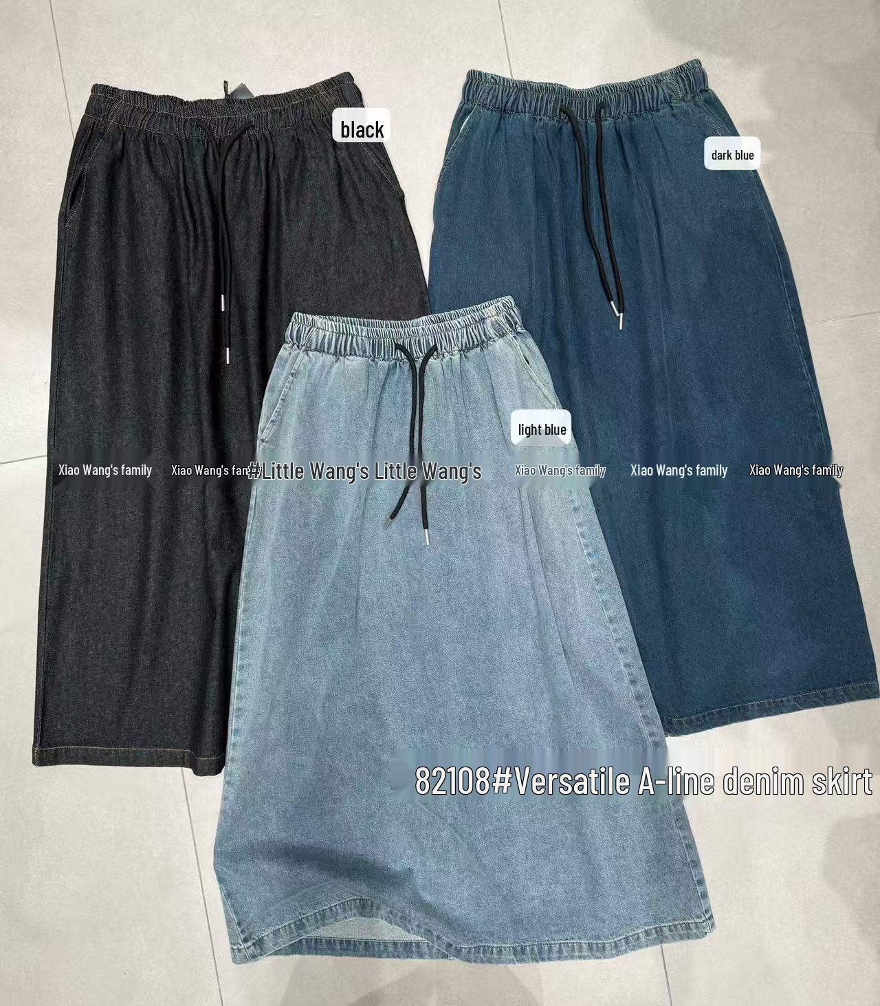 

Xiao Wang s 82108 Elastic Drawstring High-Waist Korean Style Plus Size A-Line Denim Midi Skirt One Size чёрный