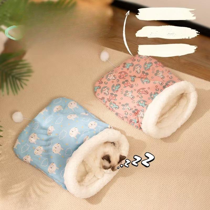 Hot Winter Warm Cat Nest Cat Sleeping Bag Semi Closed Dog Nest Mat Lamb Fleece Drilled Tunnel Cat Mat Pet Cat Dog Universal