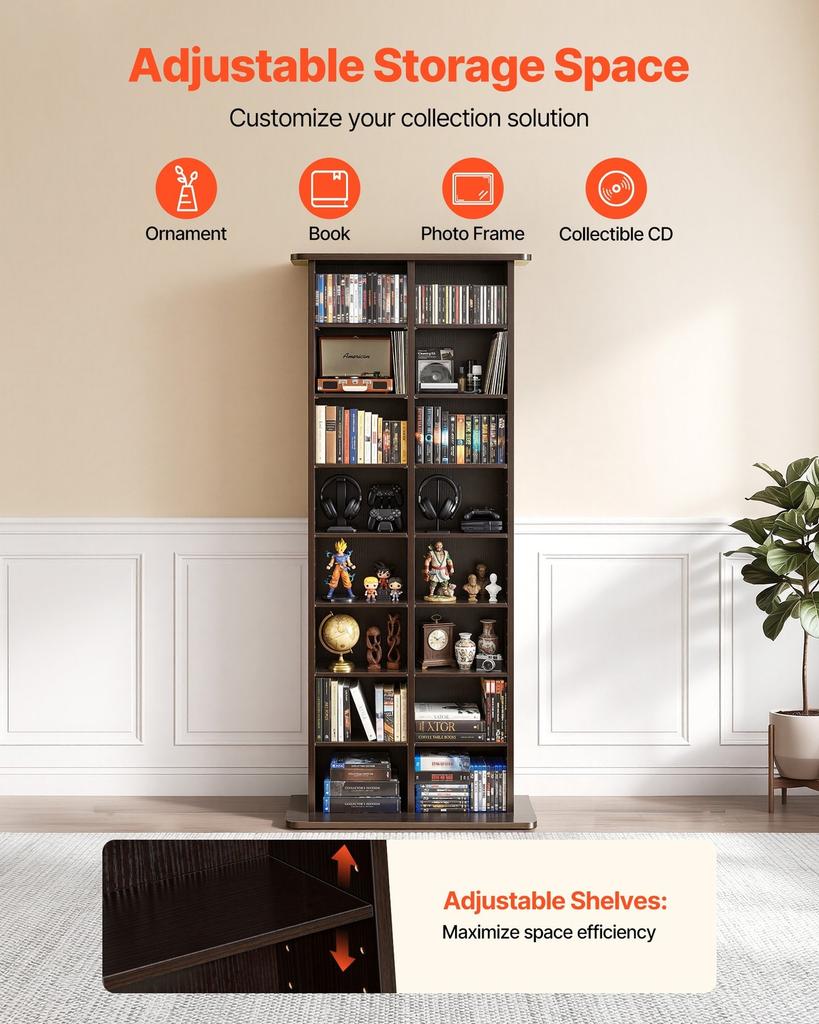 Media Storage Cabinet, 8-Tier DVD Shelf Organizer, 559 x 222 x 1295 mm Multimedia Storage Organizer for CDs, DVDs, Books and Games, CD Shelf for