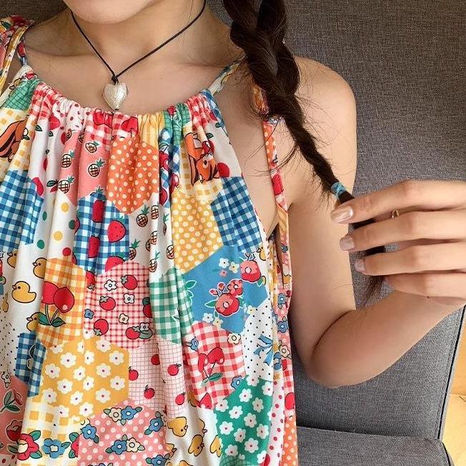 Women's Summer Floral Lace Strappy Pleated Dress - Sweet, Spicy, Loose-Fit Mid-Length Beach Style