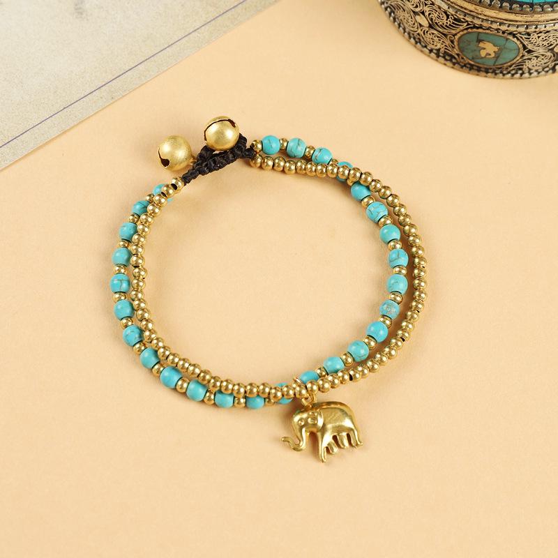 Ethnic Hand-Woven Elephant Bracelet: Bohemian Tibetan Style with Vintage Double Beads and Bell Charm for Women