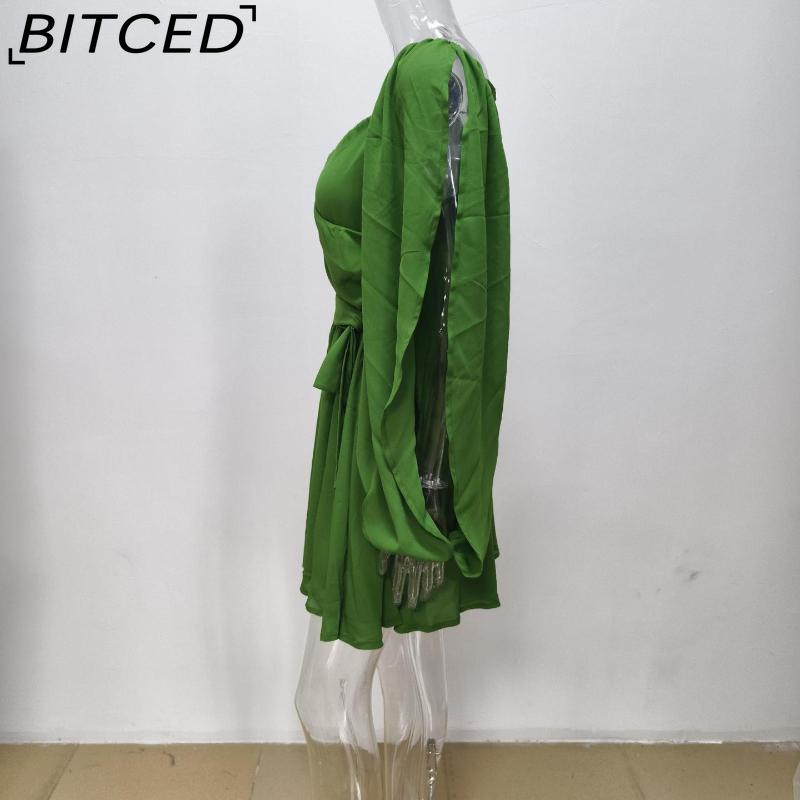 BITCED Spring Women's Solid-Color Elegant Casual Long-Sleeve Tie-Back Slim-Fit Short Dress
