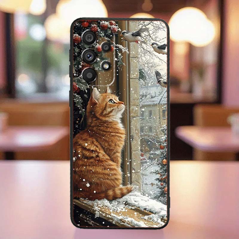 Cute Cartoon Cat Illustration For Samsung A41 A35 A34 A33 A32 A25 A24 A23 A21s A06 A05 A04 A03 Note 10 20 Ultra 5G Black Case