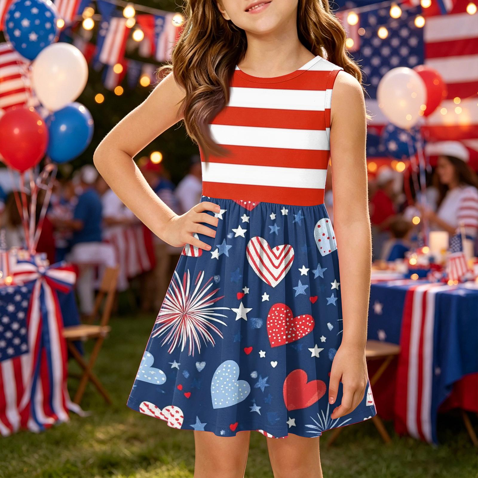 

Girls Sleeveless Dress Independence Day Patchwork Skirt Dress Summer Casual Party Outfit for Kids Toddler Little Girls 160
