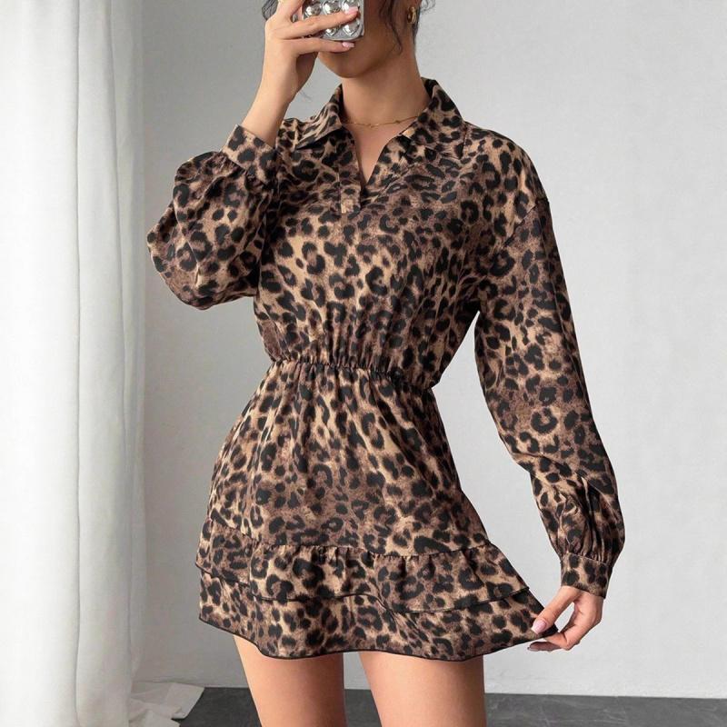 Women's 2026 Spring Winter Leopard Print Satin Dress with Elastic Waist and Slimming Effect