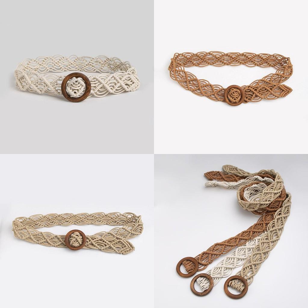 Bohemian Style Woven Waist Belt With Wooden Buckle Handmade Cotton Linen For Casual Summer Wear