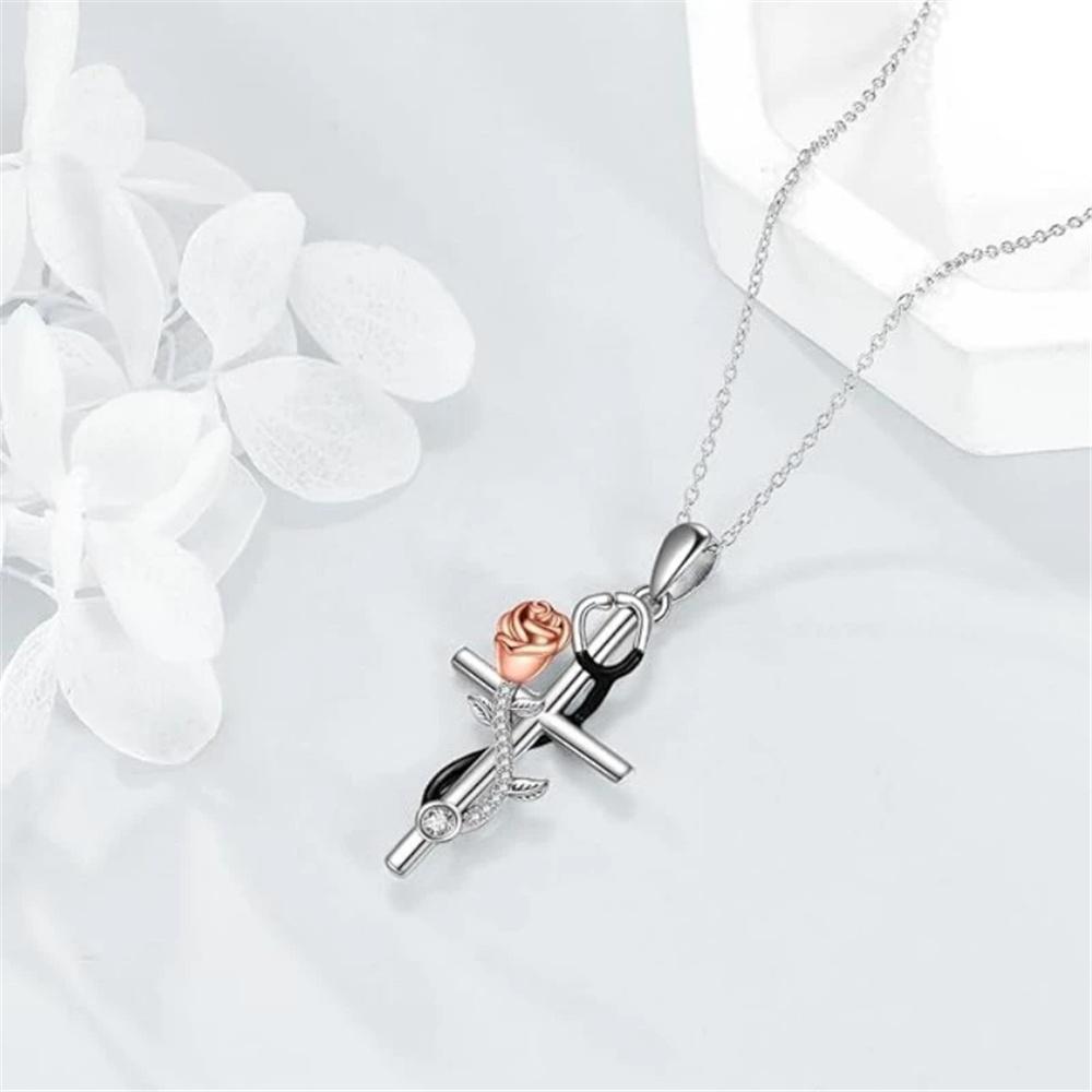 Charm Female Rose Flower Cross Pendant Necklace Vintage Silver Color Wedding  For Women