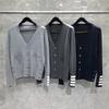TIME BREATHE Unisex Trendy White Cardigan Sweater with Four Cuff Stripes