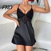Robe de nuit en soie pour femme, Robe de nuit en satin pour femme, Décolleté en V sexy, Chemise de nuit en satin douce, Ensemble pyjama complet, Vêtement de nuit, Mini robe de nuit sans manches en dentelle transparente avec