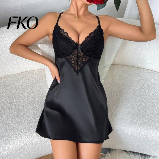 Robe de nuit en soie pour femme, Robe de nuit en satin pour femme, Décolleté en V sexy, Chemise de nuit en satin douce, Ensemble pyjama complet, Vêtement de nuit, Mini robe de nuit sans manches en dentelle transparente avec