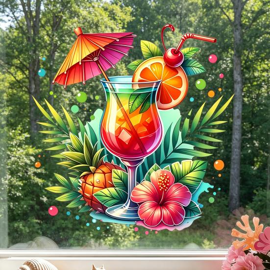 Summer Window Clings Cocktail Pineapple Hibiscus Flower Beach Pool Party Static PVC Stickers for Hawaiian Tropical Theme Home Decor