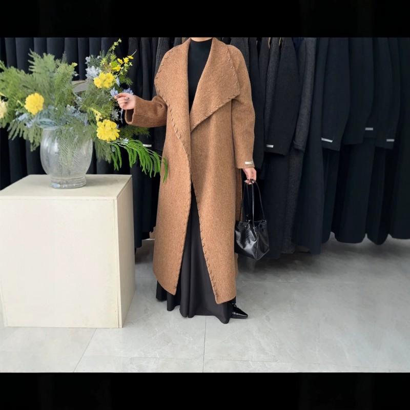 Womens Double-Faced Wool Coat Mid-Length Hand-Stitched Leather Trim Oversized Lapel Chic Korean Style Outerwear