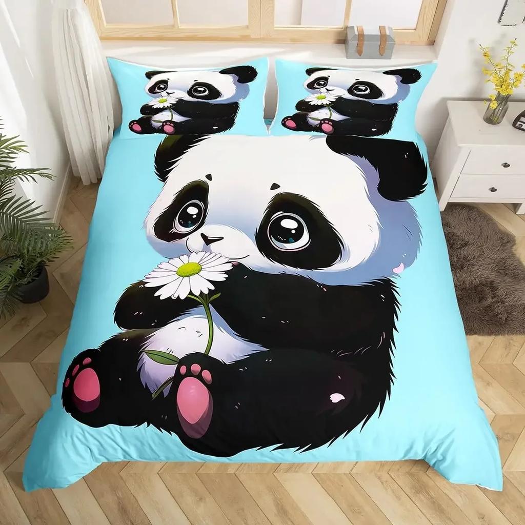 Panda Duvet Cover Cute Cartoon Animal Bedding Set Green Bamboo Print Comforter Cover Lovely Wild Animal Panda Bedspread Cover