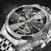 New Skeleton Automatic Mechanical Men Wrist Watches Diamond Cut Crystal Luxury Solid Stainless Steel Band Deployment Clasp