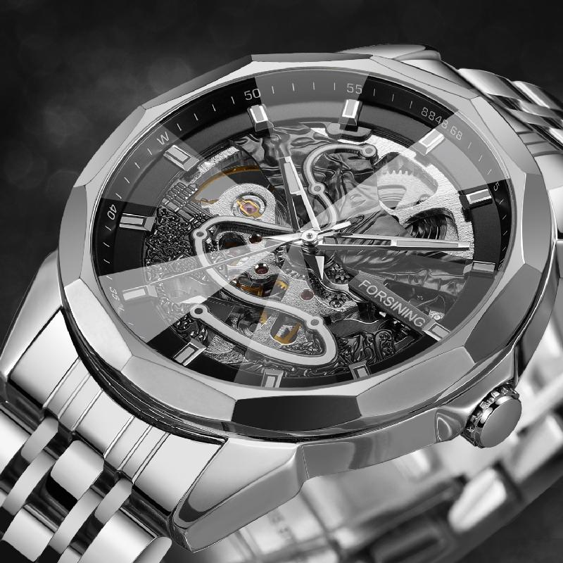 New Skeleton Automatic Mechanical Men Wrist Watches Diamond Cut Crystal Luxury Solid Stainless Steel Band Deployment Clasp