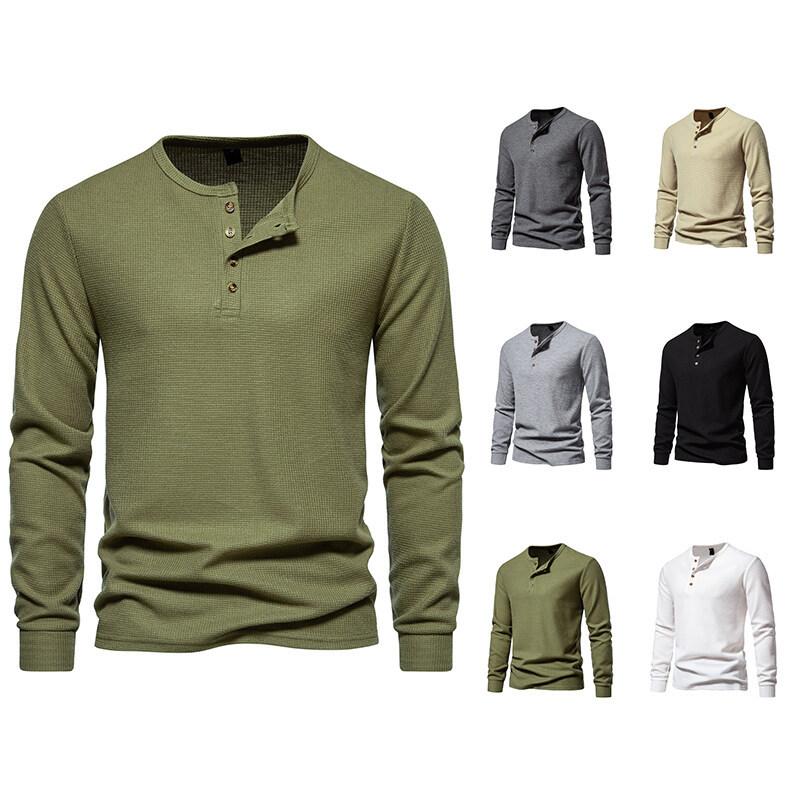 Men's Spring/Fall Waffle-Patterned Henley-Neck T-Shirt