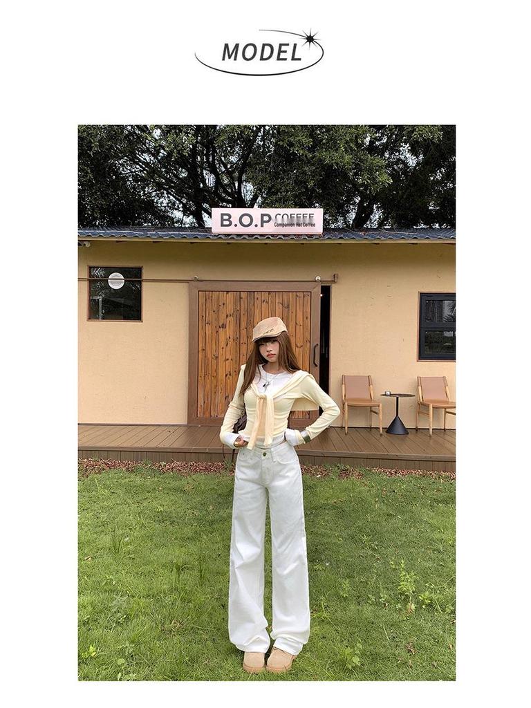 Women's Autumn 2025 White Retro Low-Waist Loose Straight-Leg Floor-Length Jeans