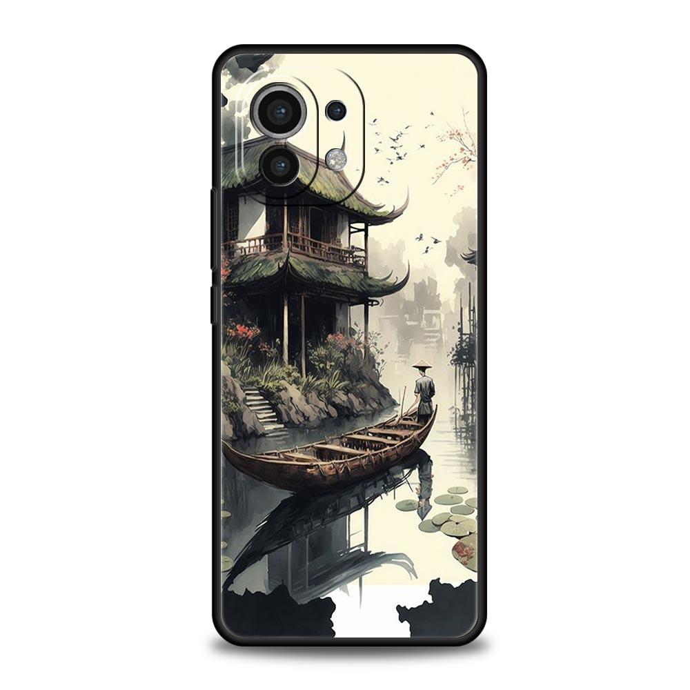 Phone Case For Xiaomi Mi 14 13 12 11 Lite 13T 12T 11x 11T 10T Pro 9T Note 10 Lite Soft Silicone Black Cover Japanese Landscape
