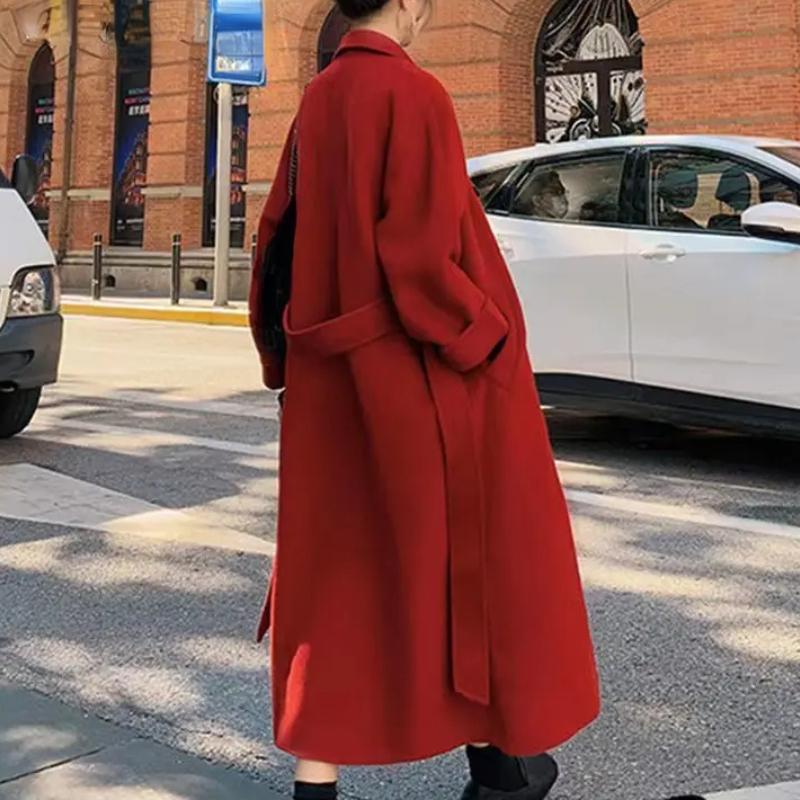 Winter Trenchcoat Für Frauen Elegante Mode Koreanische Casual Dicke Wolle Mantel Rote Spitze-up Lange Jacke Schwarz Frau Mantel mit Blet