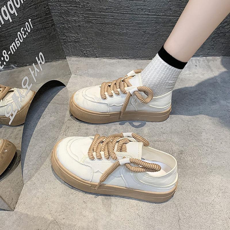 Thin Breathable Canvas Shoes for Women's 2025 Autumn New Student Casual Board Shoes Rose Red Foot Stepping Two Wearing White Shoes