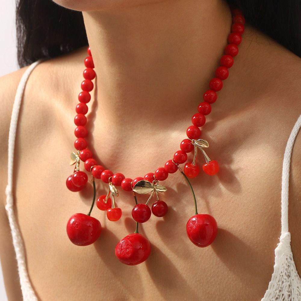 Minority Design Fruit Cherry Necklace Handmade Y2K Clavicle Chain Red Bead Necklace  Women