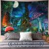 Fantasy Mushroom Forest Tapestry for Teen Girl Magical Tree of Life House Full Moon Wall Hanging Fairy Tale World Tapestries