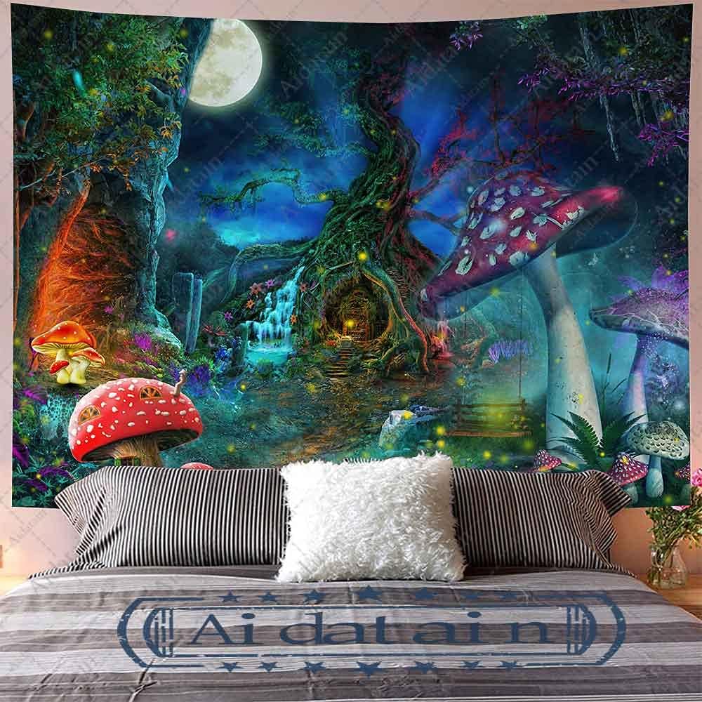 Fantasy Mushroom Forest Tapestry for Teen Girl Magical Tree of Life House Full Moon Wall Hanging Fairy Tale World Tapestries