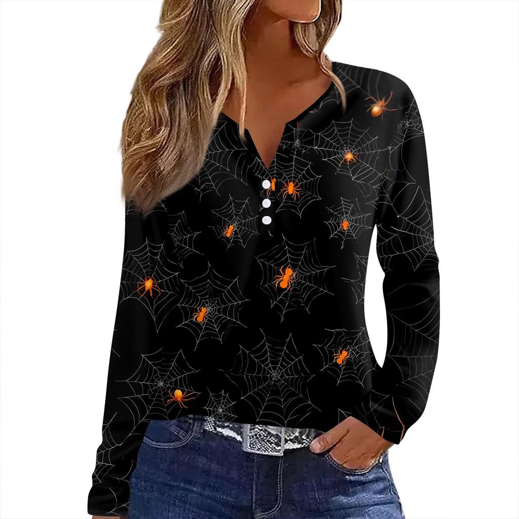 Women's T Shirt Tee HAlloween Print Button Long Sleeve Daily Weekend Fashion Basic V- Neck Regular Top