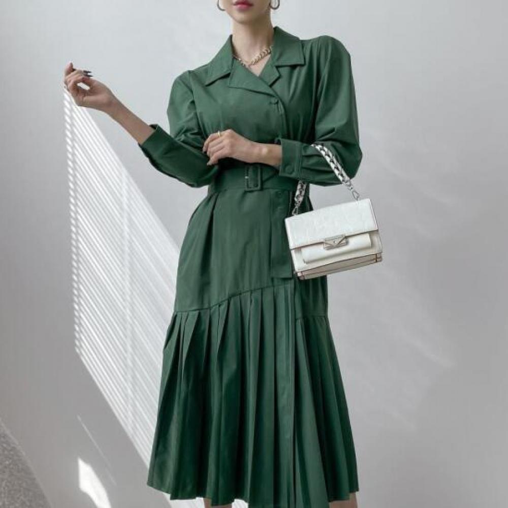 New Arrivals Open Run Asymmetric Hepburn Belted Pleated Accordion Dress