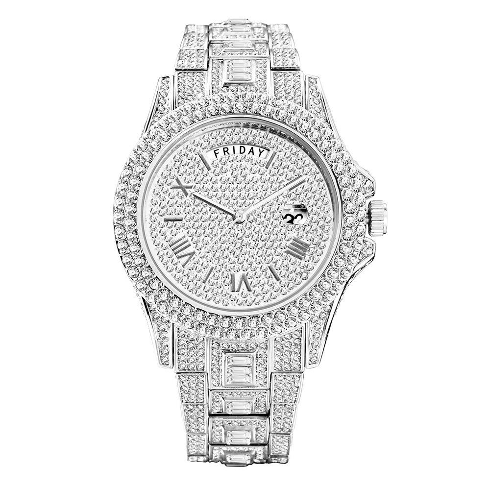 Missfox Watch, Fashionable High-End Double Calendar Business Full Diamond Quartz Men S Watch Hiphop серебряный