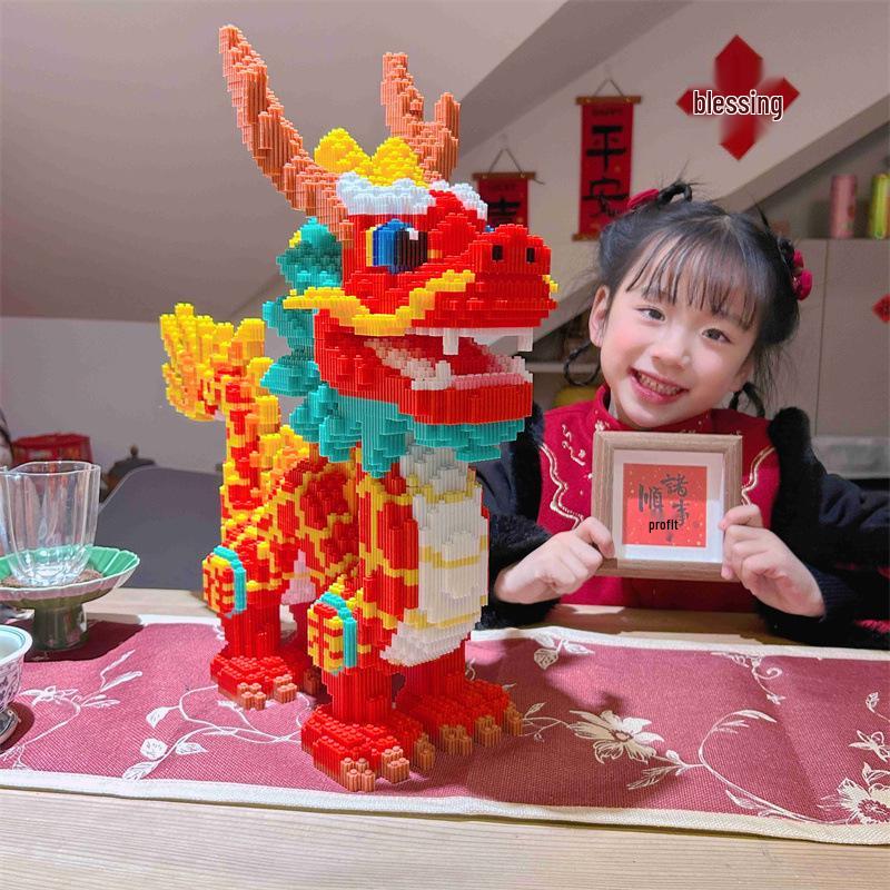 Guochao Chinese Dragon Large Educational Building Blocks - Qilin Puzzle Ornament, High-Difficulty Fortune Dragon Toy Gift
