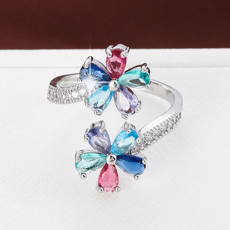 Trendy Flower-Shaped Colorful Zirconia Adjustable Ring