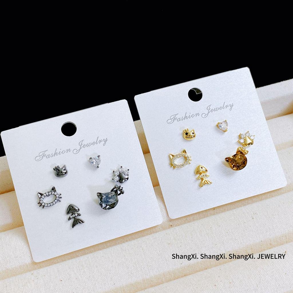 Kanamina Cute Kitten Fishbone Stud Earrings Set, S925 Silver with Inlaid Diamonds - 3 Pair Versatile Set