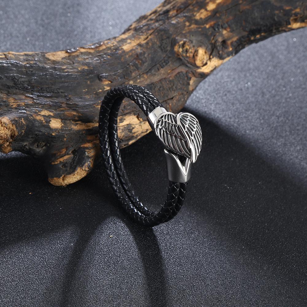Retro Titanium Steel Heart  Feather Leather Punk Bracelet Inner Circumference [165mm]